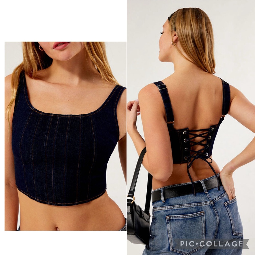 PacSun Denim Corset Crop Top - Picture 1 of 10